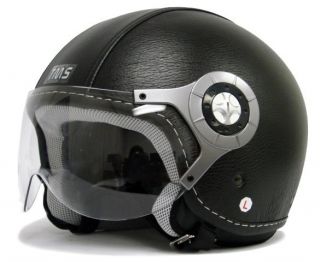 Black Leather Motorcycle Open Face Jet Pilot Helmet L