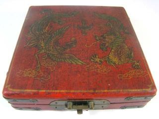 Vintage Red Drgon Phoenix Leather Box Chinese 32 Pieces Chess Set
