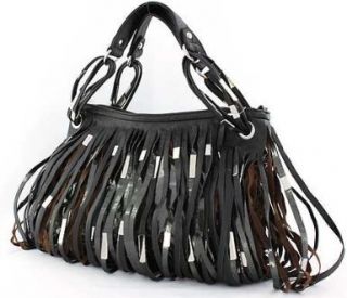 Nicole Lee Black Brown Fringe String Satchel Handbag Tote Hobo Purse