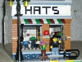 LEGO TOWN MODULAR CUSTOM HAT SHOP, 4 STOREY TOWN HOUSE goes with 10182