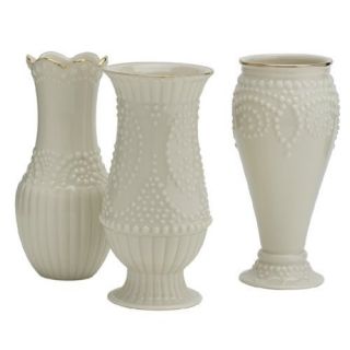 New Classic Lenox Set of 3 Beaded Vases 24K Gold Trim