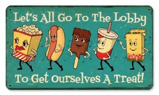 Lets All Go to The Lobby Dancing Snacks Cute Retro Metal Sign Drive
