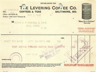 1927 Billhead The Levering Coffee Co Coffee Teas Baltimore Maryland MD