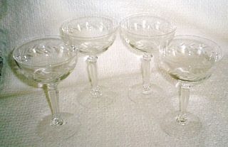 Set of 4 Fostoria HOLLY Cut Crystal Champagne Goblets  Stem 6030/Cut