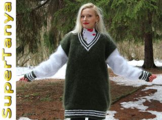 New Hand Knitted Mohair Sweater GREEN WHITE Thick Fluffy Vneck Jumper