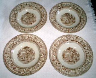 Set of 4 Ant Staffordshire Old Hall ITALY Pattern Brown Transferware