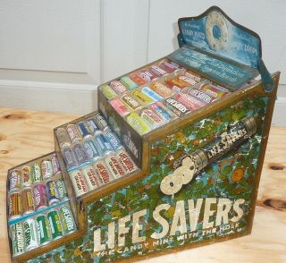 ANTIQUE LIFE SAVER CANDY STORE DISPLAY LARGE RARE WITH 28 VINTAGE