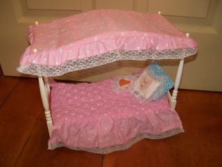 1982 Vintage Barbie Dream House Canopy Pink Bed with Linens