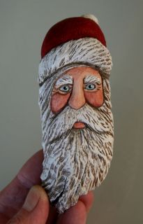 Carved JOLLY Red Hat Santa Ornament Original OOAK Carving Lisa Rogers