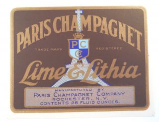 Antique Soda Bottle Label PARIS CHAMPAGNET Lime & Lithia Rochester, NY