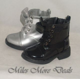 Little Girls Black or Silver Black Lace Up Combat Boots