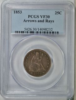 1853 Seated Quarter Arrows and Rays PCGS VF30