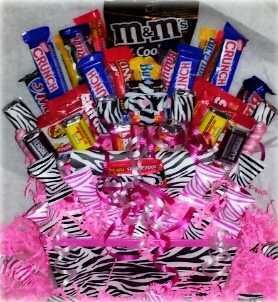 Zebra Candy Blast Candy Bouquet Gift Basket chocolate, m & m, skittles