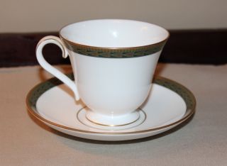 Waterford Longfield Cup and Saucer New with Tags Gold Green White