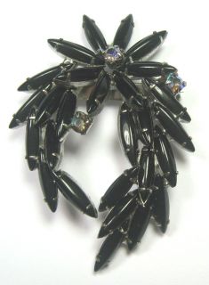 Vintage Unsigned Beauty Black Navettes Aurora Borealis Brooch Lovely