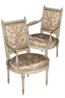 Pair of Jansen Stamped Louis XVI Silk Upholstered Arm Chairs