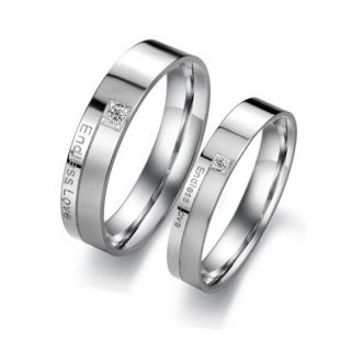 Steel Endless Love Engraved w CZ Wedding Band Couple Rings