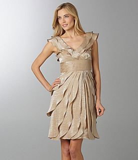 London Times Tiered V Neck Shimmer Dress in Champagne Size 10 NWT $128