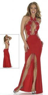 Provocative Red Rhinestone Low Cut Front Evening Dress