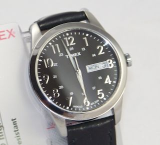T2N107 Timex Mens Classics Watch DAY DATE INDIGLO Black Dial Leather
