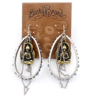 Lucky Brand Vintage Silver Tone Buddha Fringe Drop Dangle Earrings