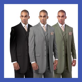 Mens Luxurious Wool Feel Back Center Split 3pc Suits Black Gray Olive