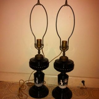 Pair of Electrified Mary Gregory Glass Oil Lamps Black Amethyst