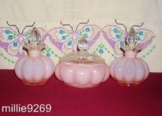 Fenton Pink Cased Glass Vanity Set 2 Perfumes & 1 Powder #192A, 1940s