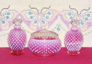 Fenton Cranberry Opal Hobnail Vanity 2 Perfumes Powder Jar 1940 56 Ex