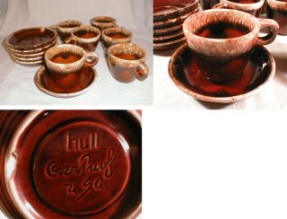 12 PC Old Hull Brown Drip Pottery Coffee Cups Saucers Oven Proof