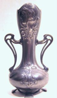  Art Nouveau Jugendstil WMF Pewter Vase Maidens Head Whiplash Handles