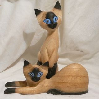 Set of 2 6 Siamese Cat Handcarved Wood Figurines Gorgeous