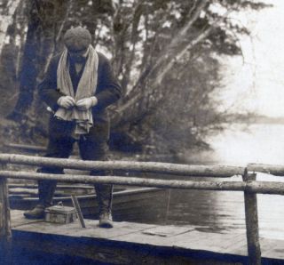 1900 10S Fishing Pole Man Tackle Box Serene USA Photo
