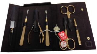 Pfeilring Solingen 7pc Manicure Set Gold Plated in Crocodile Leather