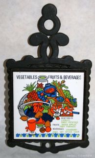 Vintage Fruit Vegetables Ceramic Tile Cast Iron Trivet