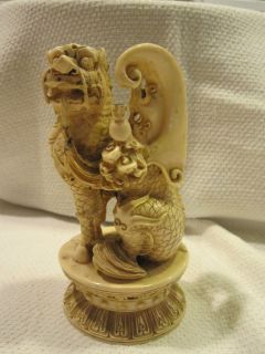 Vintage Asian Carved Ox Bone Winged Foo Dog Chinese Old Statue China