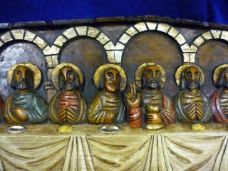 Rustic Carved Wood Painted Last Supper Wall Plaque Mantal Decor