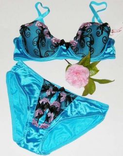 Satin Turquoise Lace Ribbon Bra Bikini Set LM145 36B M