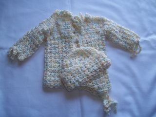 Handmade Crochet Baby Sweater & Hat With Ear Flaps Multi Color Newborn