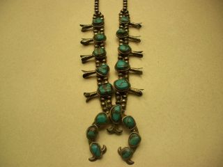 Vintage Bisbee Turquoise Squash Blossom Necklace with Sand Cast Silver