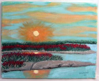 Sunset Beach Landscape Ocean Sound Marsh Original Oil Painting Nature