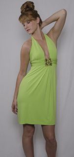 Mary L Couture Lime Green $286 Jewel Halter Dress Sz M