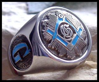 Awesome AJS © Masonic Blue G Lodge Ring Vintage Symbol Steel Silver