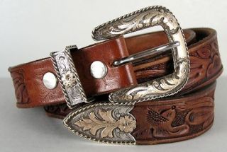 Awesome McCabe Sterling & 10K Solid Gold Leather Western Ranger Belt w