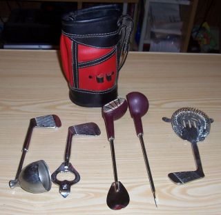 Golf Club Drink Cocktail Tool Set in Miniature Golf Bag Black and Red