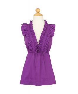 BCBG Max Azria Purple Ruffled Tunic Belted Pleated Top Shirt Blouse