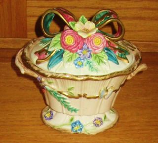 Fitz Floyd Woodland Spring Lidded Candy Dish Bowl Basket Shape Trinket