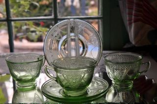 Vintage Georgian Lovebirds Green Depression Glass Cup + Saucer Sets 6