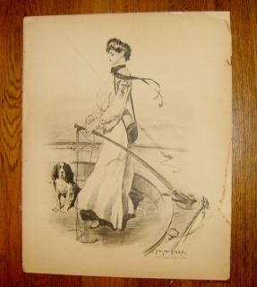 Antique Pen Ink Illustration Sailing Drawing JV McFall Lady Dog