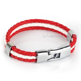 MENS Red White Braid Rope Wristband Austria Canada Flag Surfer Leather